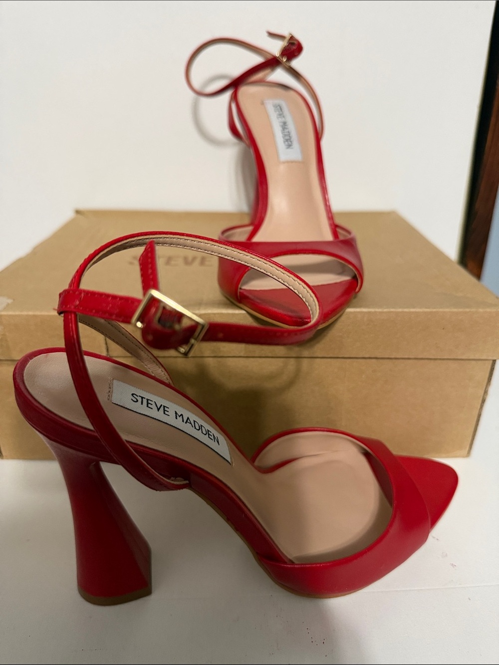 Steve Madden Red Open-Toe Ankle-Strap Heels - Picture 2 of 4